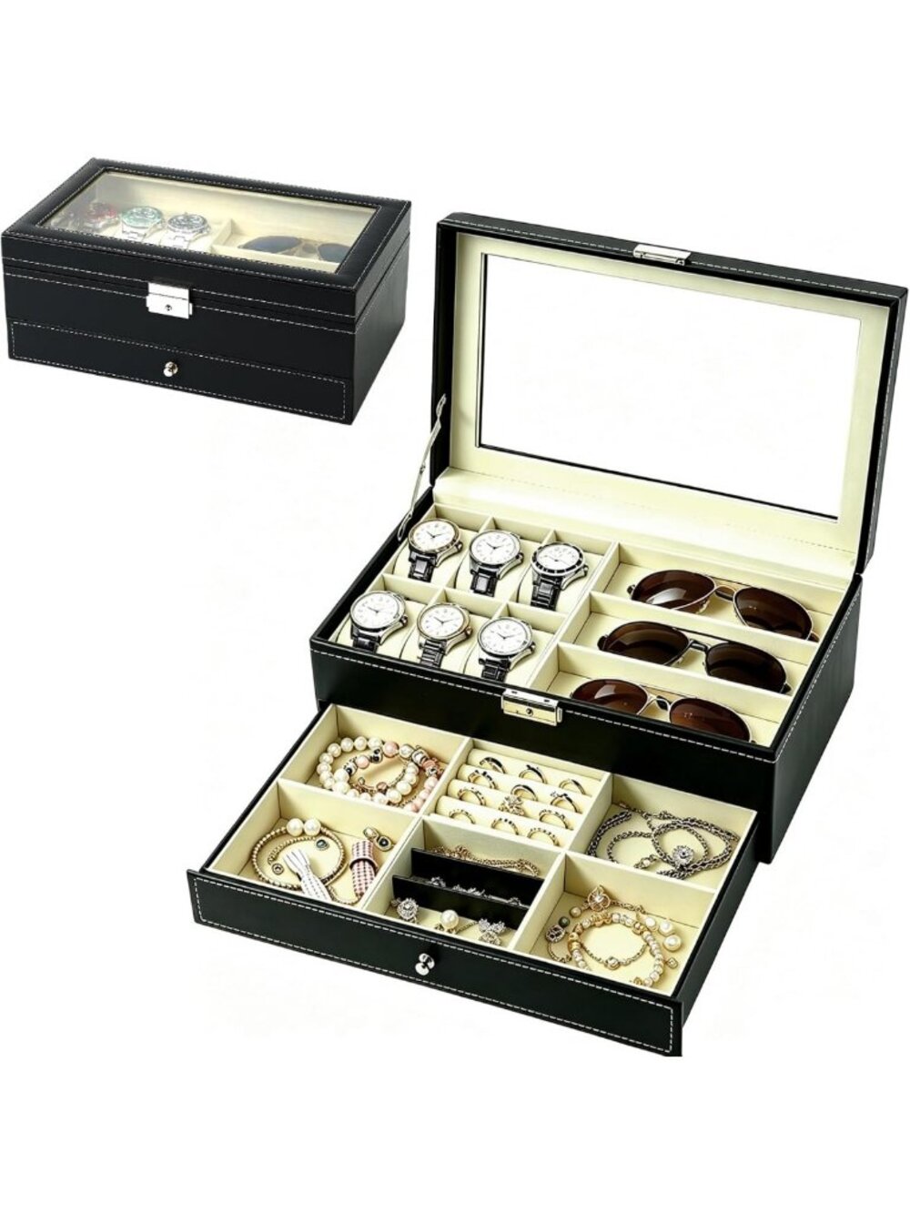 Jewelry Box Organizer for Watches & Sunglasses - 6 Watch Slots, 3 Sunglass
